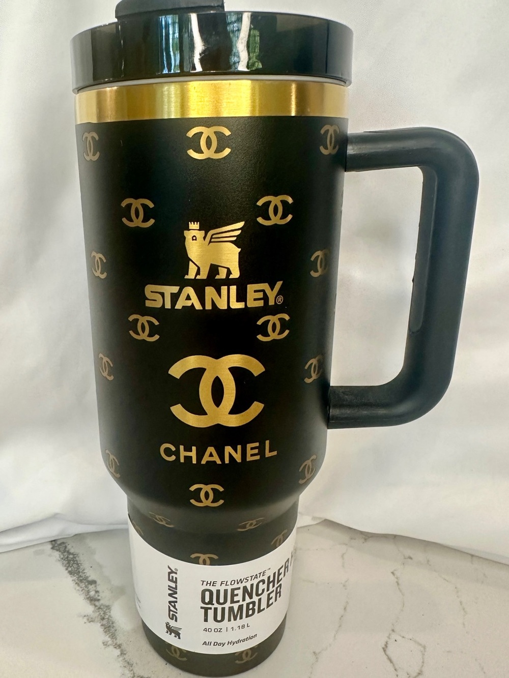 Black Chanel Stanley 40oz Gold Trim NIB With Straw
